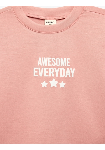 Koton Viskon Karışımlı Bisiklet Yaka Uzun Kollu Baskılı Sweatshirt Pembe 7wmg10049ak Gül