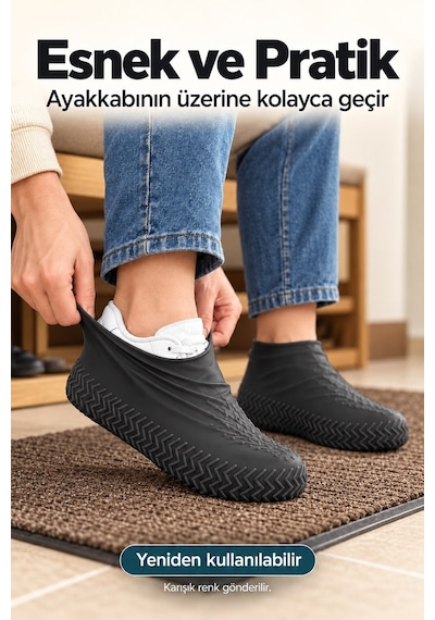 Silikon Ayakkabı Kılıfı Kaymaz Taban Su Ve Çamur Geçirmez M Beden Yağmur Koruyucu Siyah