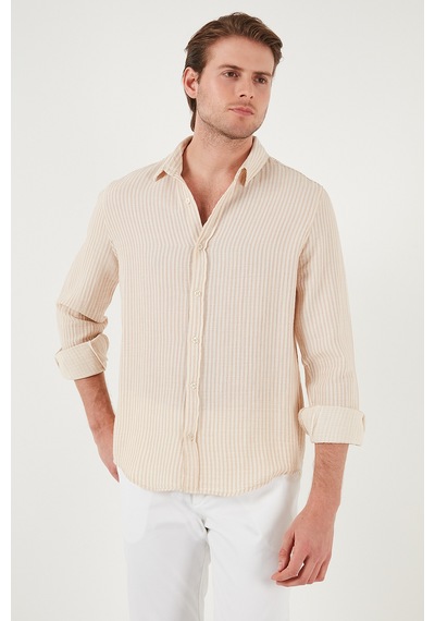 Buratti Çizgili Regular Fit Pamuklu Uzun Kollu Erkek Gömlek Cf25S129721 Vizon