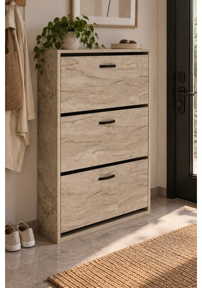 Sulorahome Düşer Kapaklı Ayakkabılık Ekru Traverten Desenli 74 Cm