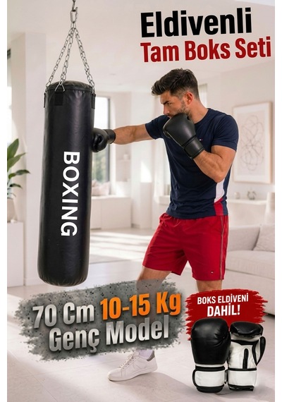 70 Cm x 25 Cm Siyah Boks Torbası + Boks Eldiveni + Tavan Kancası Siyah