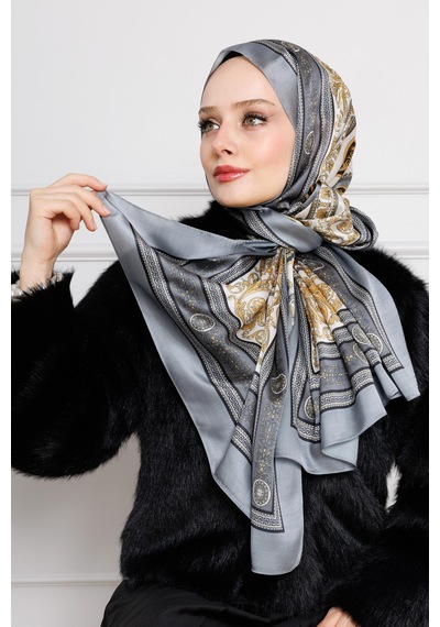 Sevitli Versace Desenli Hint İpeği Şal-antrasit-4538