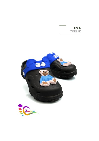 Sermoda Gözlük Desen Ayıcıklı Eva Çocuk Plaj Havuz Terlik Sabo Terlik Siyah Mavi