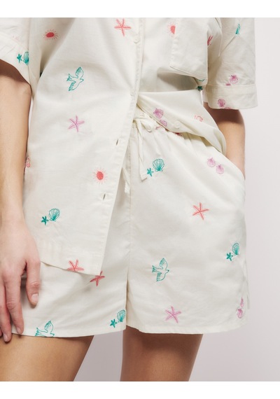 Marks & Spencer Saf Pamuklu Nakışlı Kısa Pijama Takımı T37002146J Krem