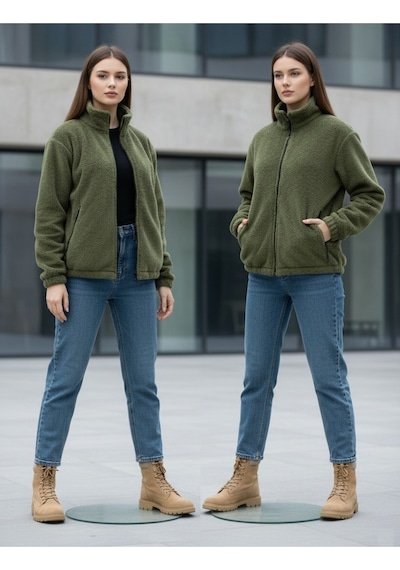 Kadın Oversize Peluş, Polar, Fermuarlı, Teddy Dik Yaka, Sıcak Tutucu Yumuşak Kışlık Ceket Haki
