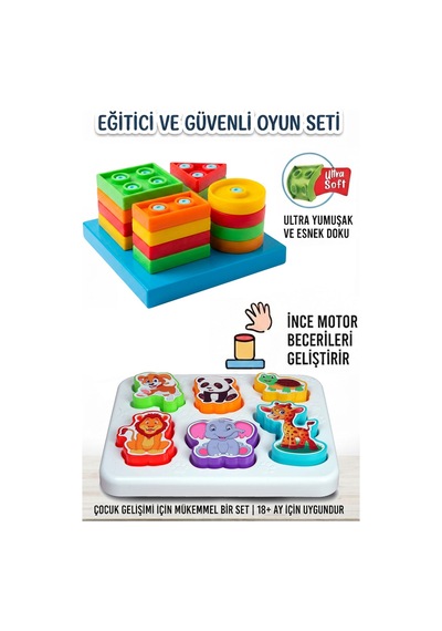 Oyuncak Eğitici Set Neşeli Hayvanlar Bultak + Yumuşak Geometri Şekiller Set