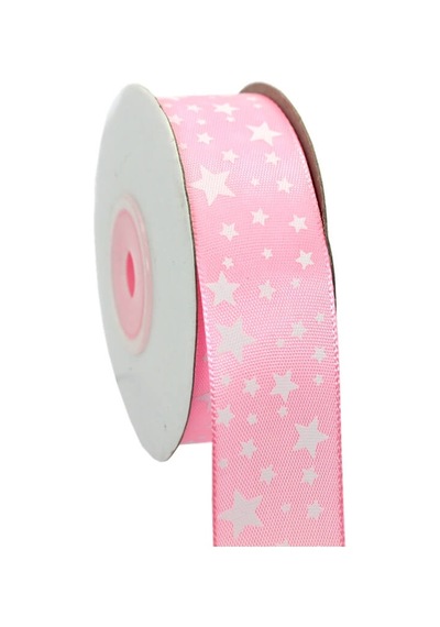 Saten Kurdele. Yıldız Baskılı. 2.50 Cm X 23 Mt - Pembe