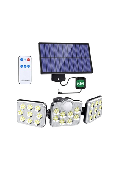 140 Led Güneş Enerjili Led Aydınlatma Solar Lamba Kumandalı 5 Metre Kablolu Bahçe Lambası 3 Modlu Kaliteli Sensörlü Solar Sokak Lambası 3 Başlı Hareket Sensörlü Dış Mekan Güvenlik Lambası