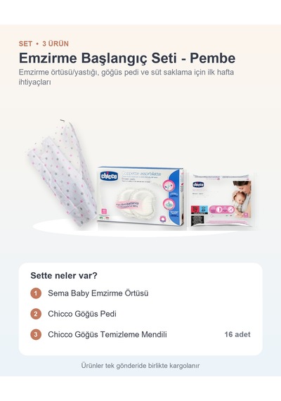 Emzirme Başlangıç Seti 3 Parça: Emzirme Örtüsü + Göğüs Pedi + Göğüs Temizleme Mendili - Pembe