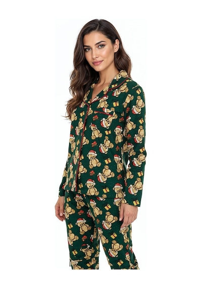 Luxury Soft Yeşil Yılbaşı Ayıcık Desenli Uzun Kollu Kadın Pijama Takımı 3065 Haki