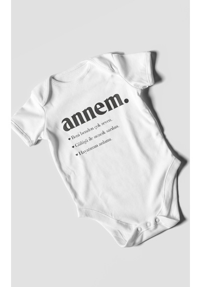 Annem Baskılı Bebek Zıbını Çıtçıtlı Body 8 Renk %100 Pamuk Kısa Kol Beyaz