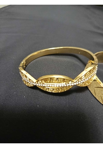 Kadın Gold Renk Antik Desenli Kelepçe Bilezik - Zirkon Taşlı 6 Cm Standart Boy Bileklik Altın