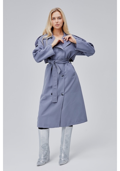 Gri Oversize Astarlı Uzun Trençkot
