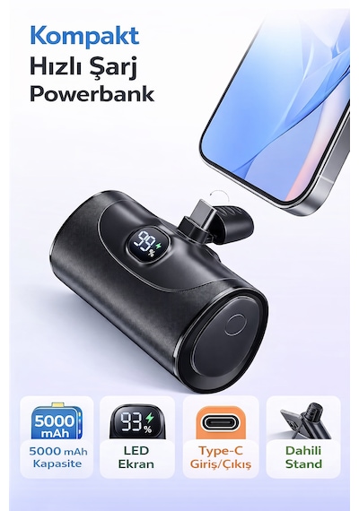 Direkt Telefona Takılan Mini Powerbank 5000 Mah Type-c Girişli Tüm Cihazlarla Uyumlu, Led Ekranlı, Standlı 5000 Mah