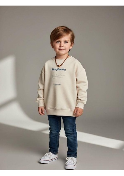 Zekids Erkek Çocuk Pamuklu Stay Yazılı İnce Uzun Kollu Sweatshirt-16334 Taş