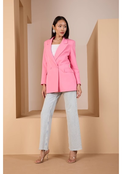 Pembe Regular Dokuma Astarlı Taş Detaylı Blazer Ceket Pembe