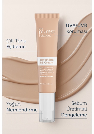 The Purest Solutions Yağlı ve Karma Ciltler İçin Matlaştırıcı BB Krem, SPF 50 + 40 ml – Orta/Koyu Ton
