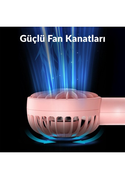 Warmco K30 Taşınabilir Şarjlı Mini El Vantilatörü 1800mah 3 Kademeli Standlı Soğutucu Fan Pembe