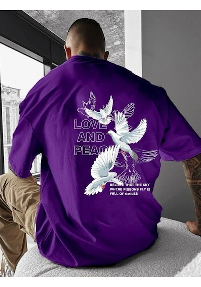 Love And Peace Baskılı Oversize Tişört Mor