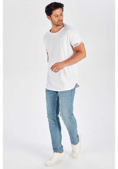 Peraluna Kol Ucu Desenli Uzun Beyaz Pamuklu Erkek T-Shirt-Beyaz