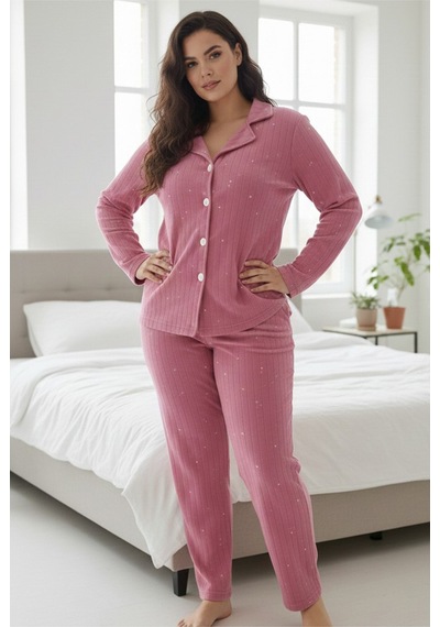 Siyah İnci Düğmeli Büyük Beden Polar Kışlık Örme Pijama Takım Gül kurusu