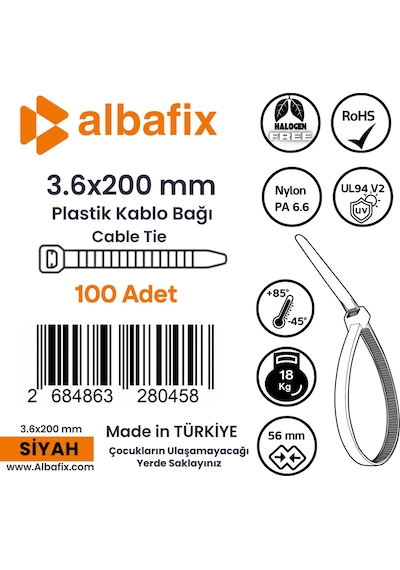 3.6x200 Mm Siyah Plastik Kablo Bağı Klipsi Cırt Kelepçe 100 Adet