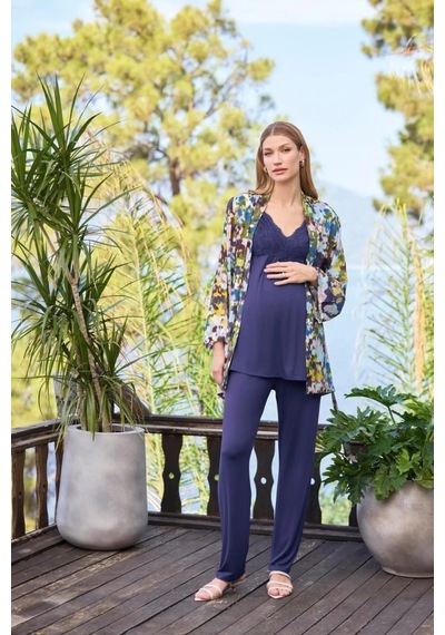 Monamise 25054 Lacivert 3'lü Hamile Lohusa Pijama Sabahlık Takım