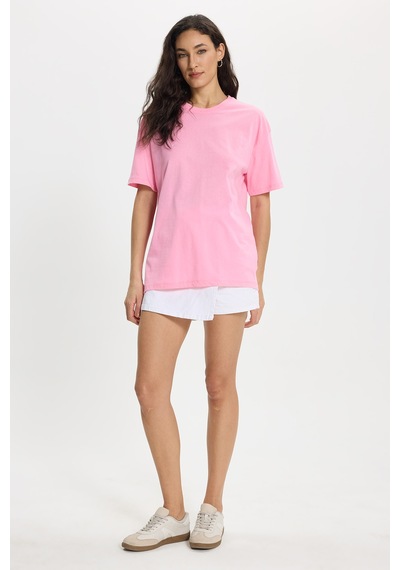 Tudors Kadın Slim Fit Dar Kesim Pamuk Kısa Kollu Bisiklet Yaka Pembe Tişört-50472 L
