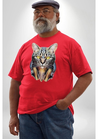 Angemiel Kulaklık Kedi Kırmızı Büyük Beden Erkek Kadın Unisex Basic Ön Baskılı Tişört Kırmızı
