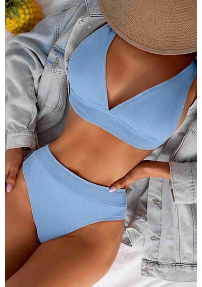 Angelsin Yüksel Bel Bikini Takım Mavi 001