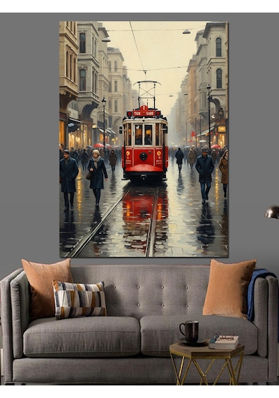 Ahşap Tablo Yağmurlu Kırmızı Tramvay Sokak