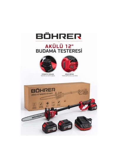 Böhrer Ba011518 12 İnç 30 Cm Akülü Budama Testeresi 21v Çift Akülü Otomatik Yağlamalı Uzayabilir Dal Budama T