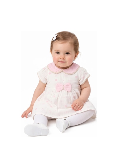 Bebegen Kız Bebek Ekru Pembe Fistolu Bebe Yaka Puanlı Elbise