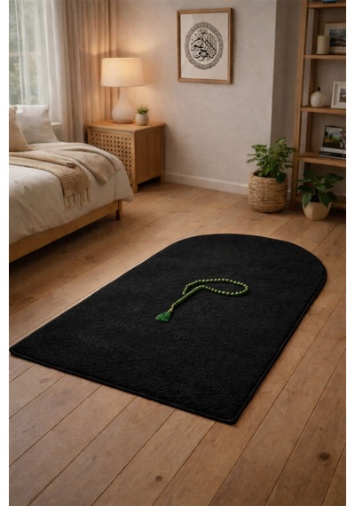 Raschel Carpet Dekoratif Yumuşak Yıkanabilir Diz Ağrıtmaz Kaymaz Taban Seccade Peluş Halı Namaz Halısı Siyah