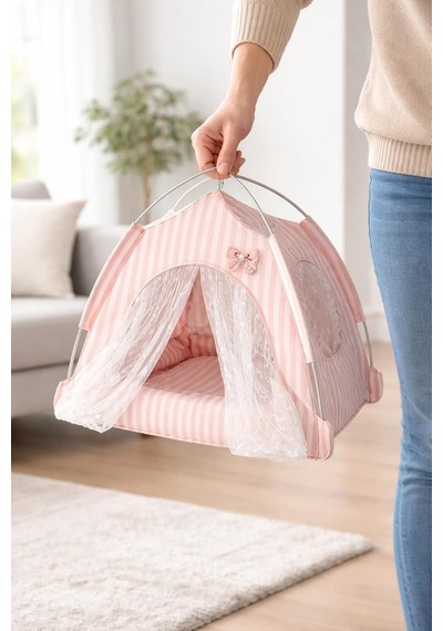 Katlanabilir Yazlık Kedi Evi File Panelli Taşınabilir Minderli Evcil Hayvan Çadırı 35x35x35 Cm İç Minderli Nefes Alabilir Taşınabilir Kedi Köpek Evi Konforlu Uyku Alanı Pembe