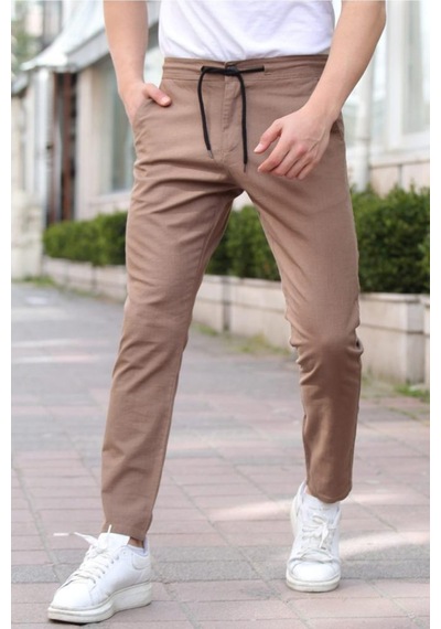 Tarz Cool Erkek Eganis Ipli Jogger Düğmeli Kumaş Pantolon Kahverengi