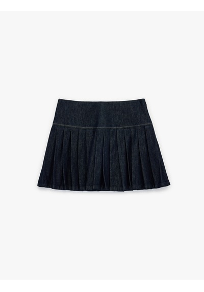 Koton Pamuklu Rahat Kesim Pileli Mini Denim Etek Koyu İndigo 6sal70021md