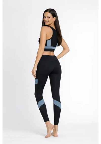 Ayle Moda Kadın Spor Takım Büstiyer + Yüksek Bel Tayt Seti Siyah Mavi Şerit Detaylı Fitness Kombin Siyah - Mavi