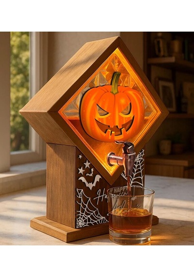 Bk Gift Kişiye Özel Halloween Tasarımlı Viski Çeşmesi Led Işıklı Ve Balkabağı Oymalı Tasarımlı Özel İsimli Cadılar Bayramı Ahşap Viski Çeşmesi Sarı
