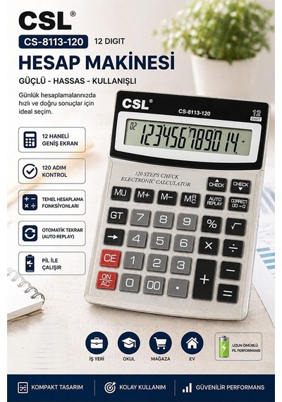 Hesap Makinesi Siyah 12x16 Cm 1 Adet Csl Cs-8113-120 12 Haneli Orta Boy Büro Masaüstü Hesap Makinası