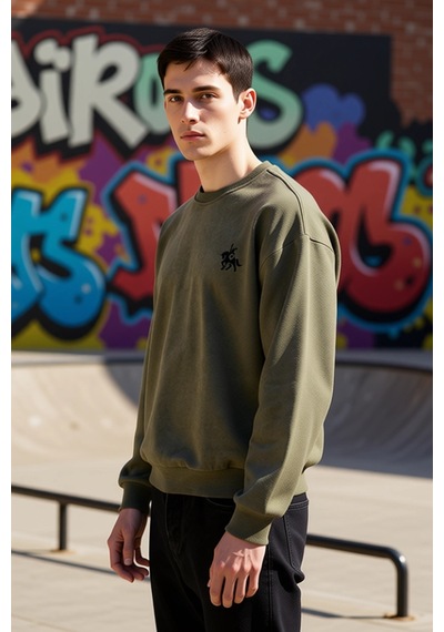 Benerly Erkek Bisiklet Yaka Düşük Kol Uzun Kol Sweatshirt Fonksiyonel Day Haki