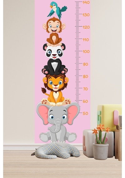 Sevimli Safari Hayvanları Boy Ölçüm Cetveli Boy Ölçer Sticker Pembe