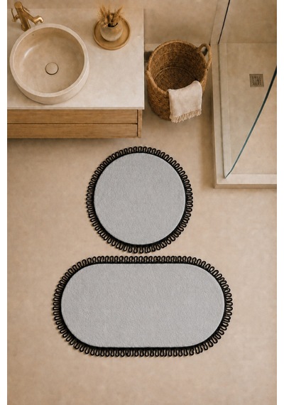 El Yapımı Bohem Banyo Paspası 2'li Peluş Kaymaz Jel Taban Yuvarlak 60x60 Cm Ve Oval 55x100 Cm Çok Renkli