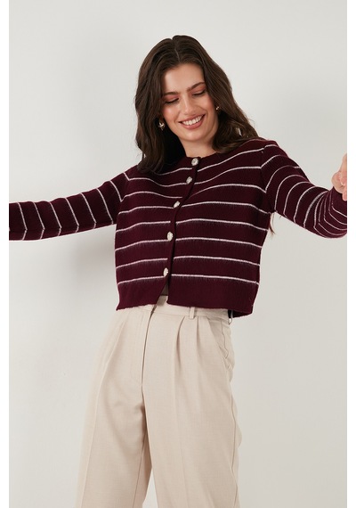 Lela Standart Fit Çizgili Yumuşak Dokulu Crop Triko Bayan Hırka 4615551 Bordo