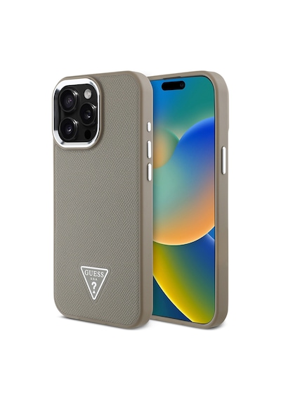 Apple Uyumlu iPhone 15 Pro Max Kılıf Guess Lisanslı M-safe Şarj Özellikli Grained Triangle Kapak Kahverengi