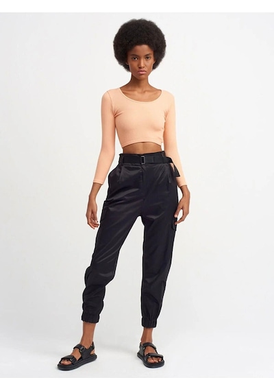 Dilvin 3529 Havuz Yaka Uzun Kollu Crop Top-şeftali-243 Şeftali