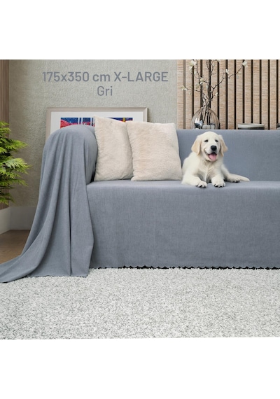 Kaymaz Koltuk Örtüsü Çift Taraflı Mikrofiber Şönil 175x350 Cm Xl- Gri Kedi Köpek Ve Çocuk Dostu Gri