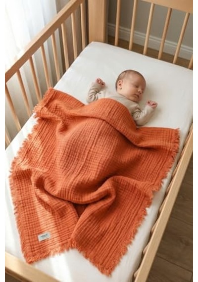 4 Katlı Müslin Bebek Pikesi%100 Pamuk 85x100 CM Yenidoğan Bebek Arabası Puset Örtüsü Battaniye Kiremit