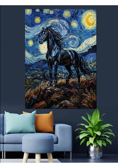 Van Gogh Tarzı Siyah At Yıldızlı Gece Dekoratif Kanvas - Mdf Ahşap Tablo Çok Renkli