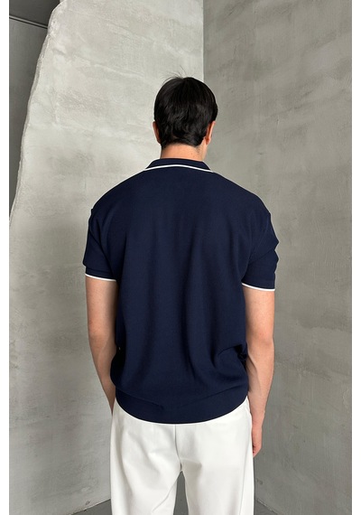 Erkek Oversize Selanik Polo Yaka Triko T-shirt Lacivert